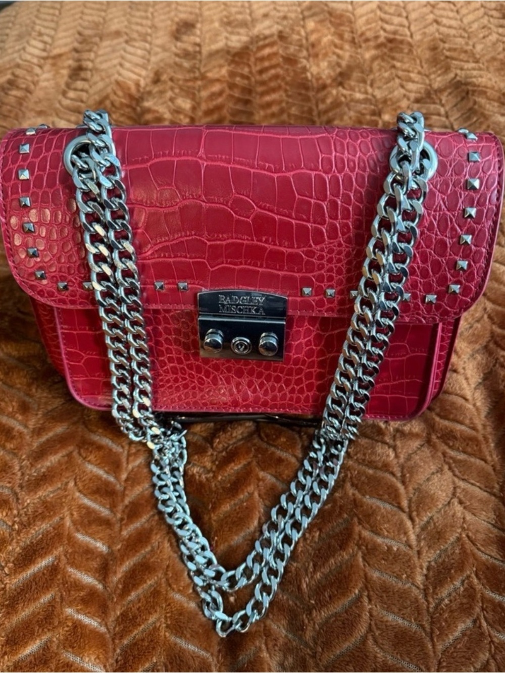 Badgley Mischka Red Croc-Embossed Chain Crossbody